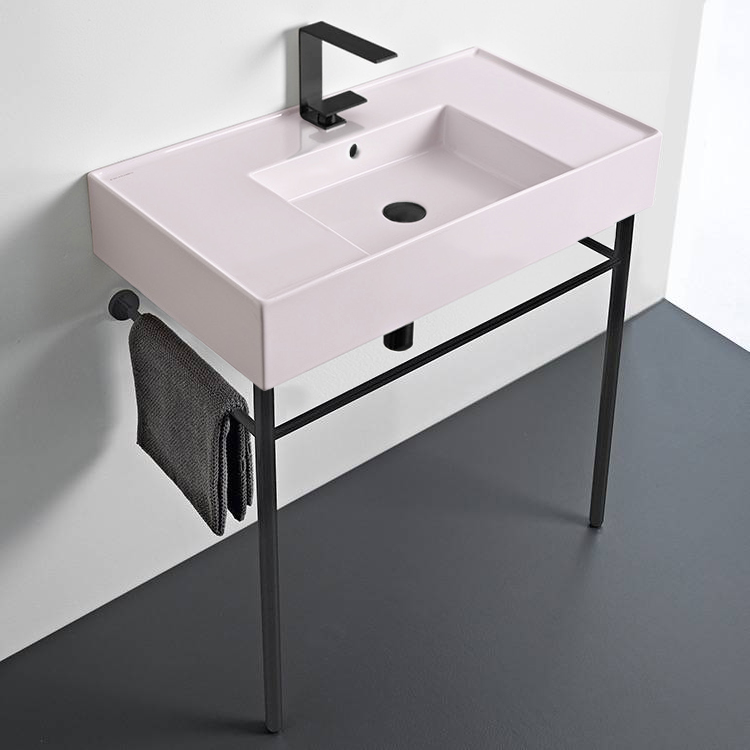 Scarabeo 5123-54-CON-BLK Pink Console Sink With Matte Black Base, Modern, 32 Inch